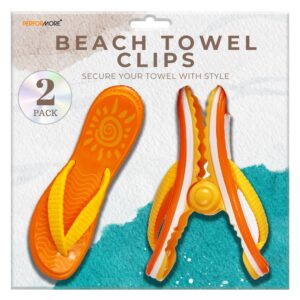 performore flip flop beach towel clips (orange), 2-pack, portable towel holder clips, secure clips for beach chairs deck patio pool boat cruise lounge chair accessories