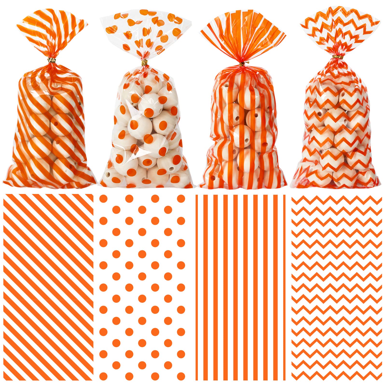 Whaline 160Pcs Fall Cellophane Treat Bags Orange Stripe Wave Dot Candy Plastic Goody Bags Autumn Cookie Snack Packing Decor with Twist Ties for Autumn Thanksgiving Birthday Party Favor, 5.1 x 10.6in