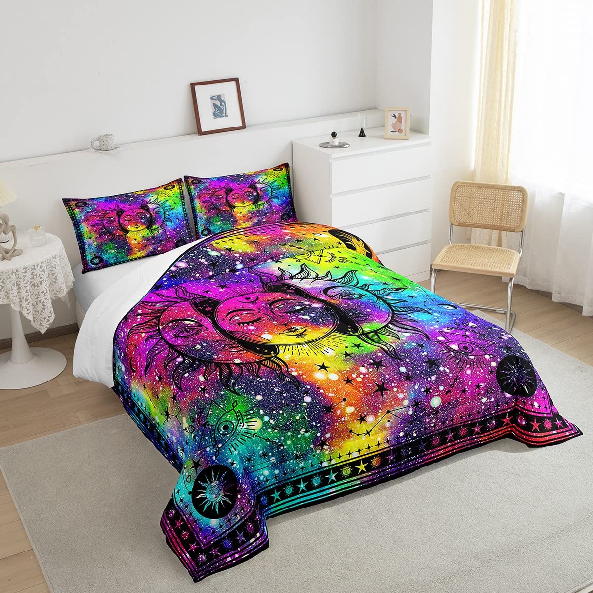 Erosebridal Bohemian Sun Moon Comforter Boho Hippie Bedding Set King 3 Piece Colorful Tie Dyed Comforter Sets Aesthetic Trippy Galaxy Duvet Set Psychedelic Mystic Stars Quilt Set for Kids Teens Adults