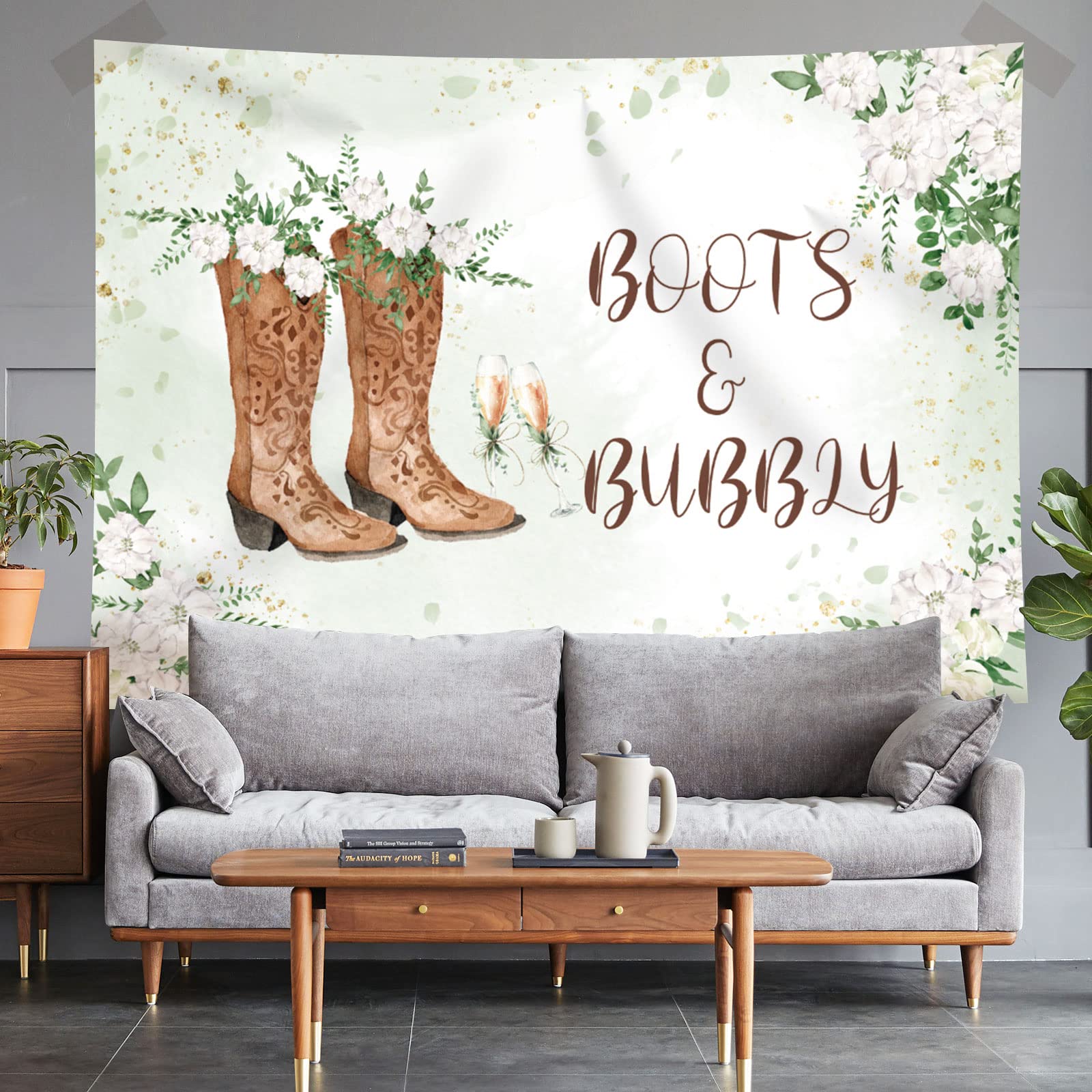 Rsuuinu Boots and Bubbly Bridal Shower Backdrop Western Leaves Flowers Wedding Photography Background Champagne Bride to Be Engagement Party Decorations Banner Supplies Favors Photo Booth Props 7x5ft