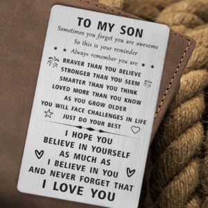 SOUSYOKYO I Love My Son Gifts, Son Christmas Engraved Wallet Card, Inspirational Birthday Gift for Son, Personalized Graduation Card for Awesome Son, Happy Fathers Day Present for Son from Mom and Dad