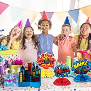 Funrous 11 Pieces Hero Party Decoration Hero Honeycomb Centerpieces 3D Hero Table Topper Paper Large Word Centerpieces Fun Hero Action Sign Standing Cards for Birthday Party Baby Shower Decor Supplies