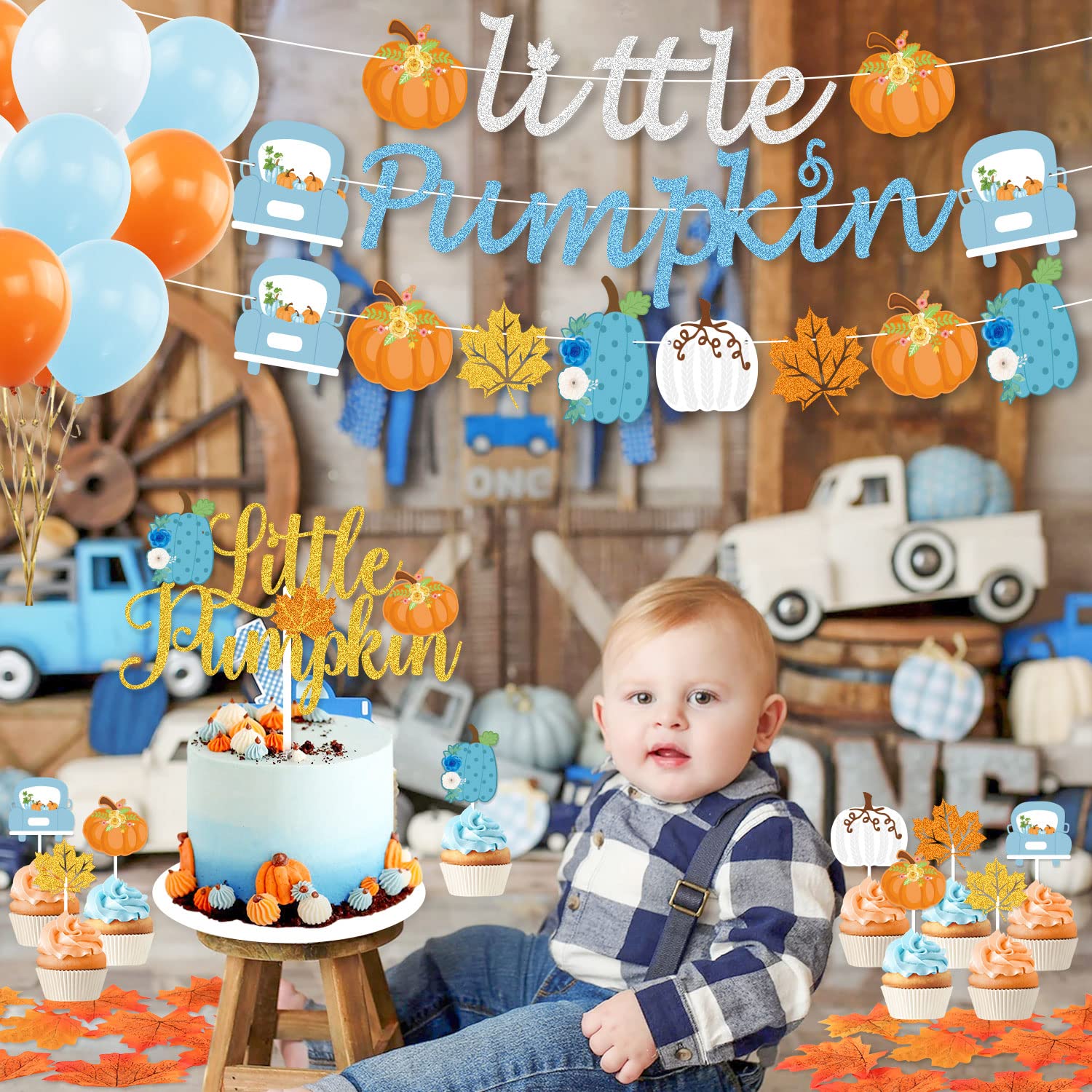 Little Pumpkin Baby Shower Decorations Boy, Blue Little Pumpkin Banner Cake Topper Pumpkin Truck Maple Leaf Garland Balloons for Boy Fall Baby Shower Little Pumpkin First Birthday Party Decorations