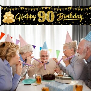 Yoaokiy Happy 90th Birthday Banner Decorations for Women Men, Black Gold 90 Birthday Yard Banner Party Supplies, 90 Year Old Bday Theme Party Sign Decor for Outdoor Indoor