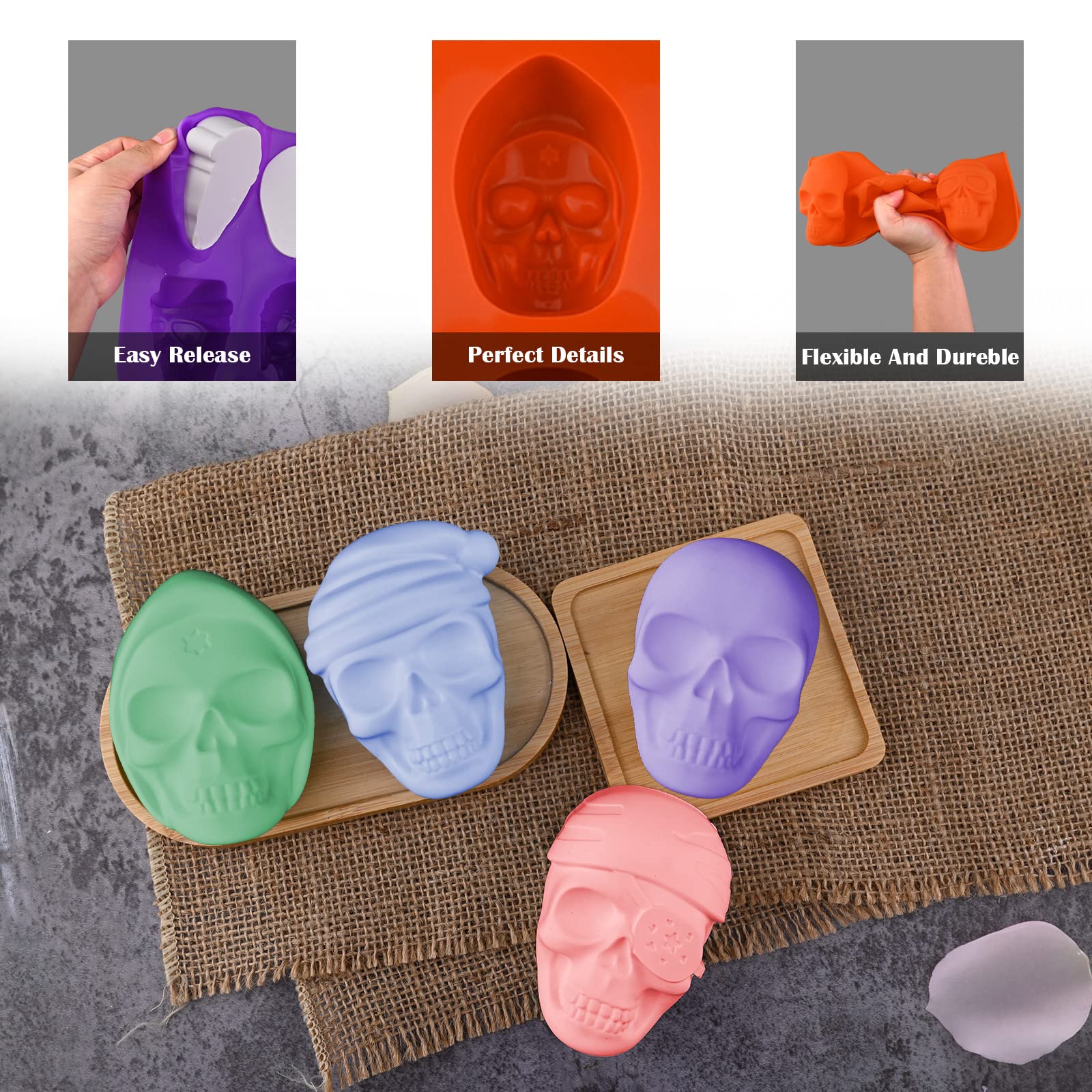 Moukiween 3D Skull Soap Silicone Molds, Set of 2 Halloween Skull Molds for Homemade Soap Making, Resin Crafts, Cake