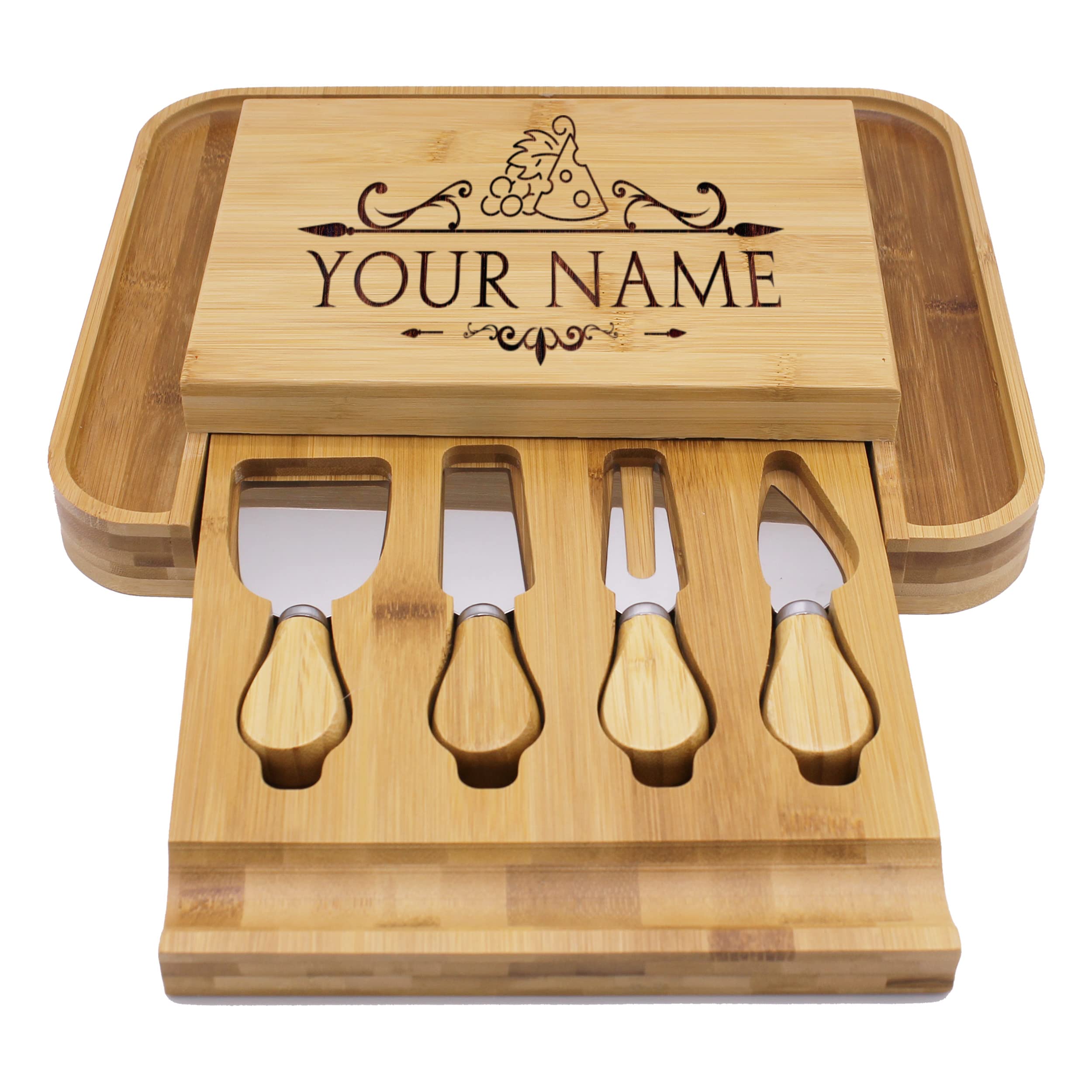 The Wedding Party Store Personalized Premium Charcuterie Cheese Board Tray Set with Spreader Utensil Tools with Any Name (Bamboo - Name Initial Style)