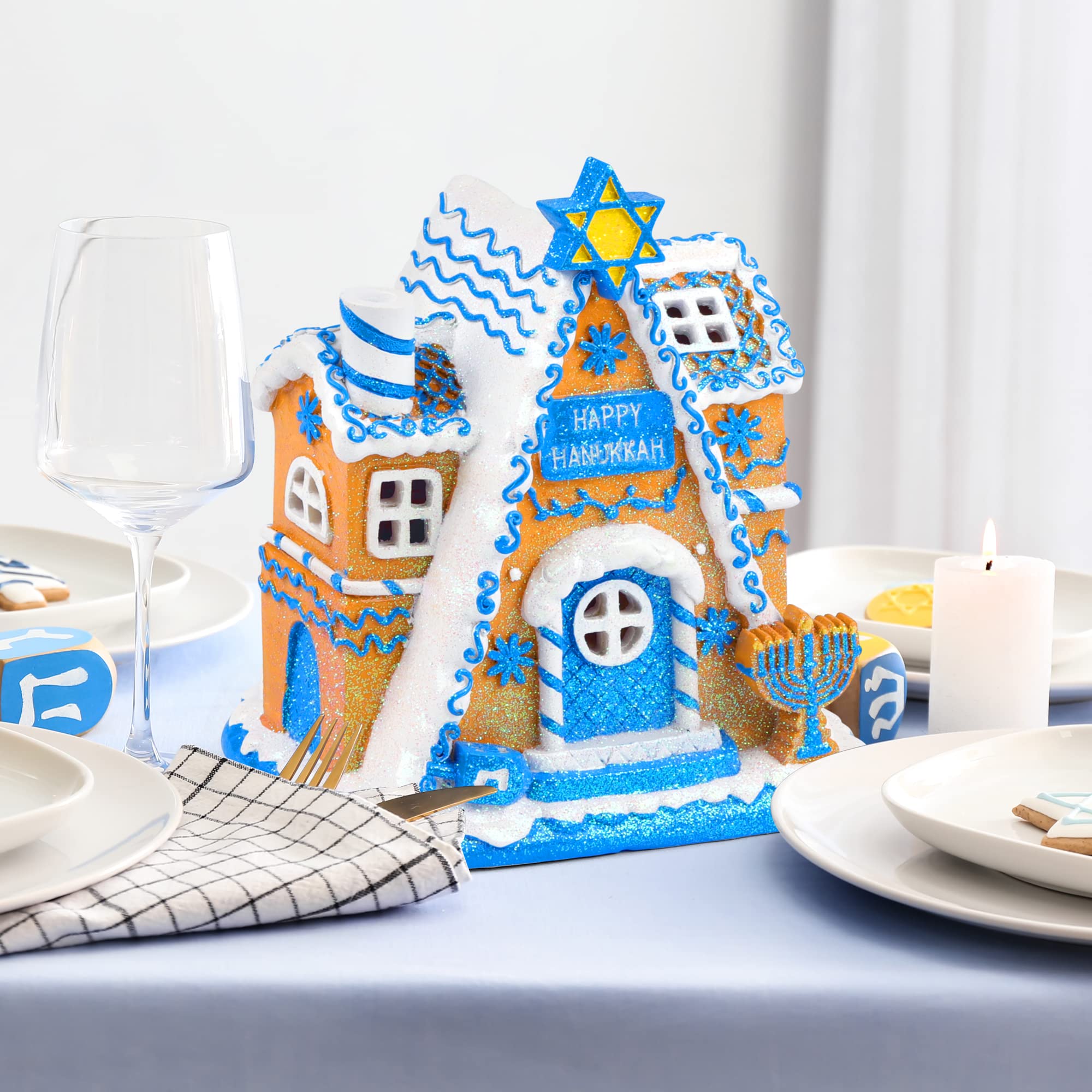 Fovths Hanukkah House Resin Tabletop Decor White and Blue Hanukkah LED Tabletop Decor Hanukkah House Centerpieces for Hanukkah Party Supplies Home Decor