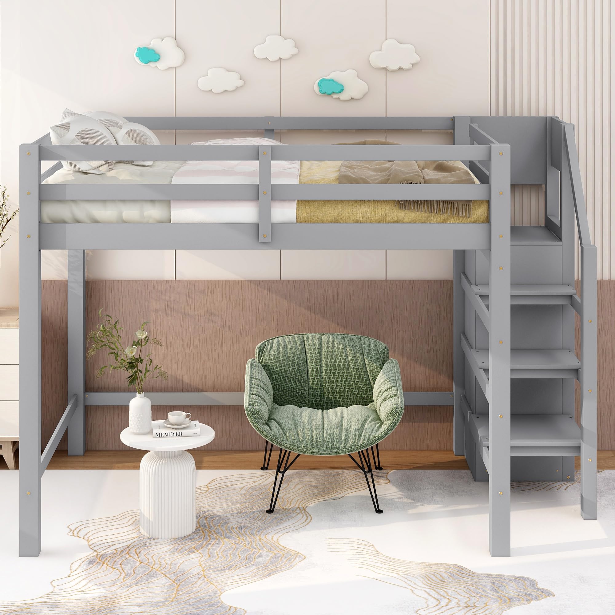 Bellemave Full Loft Bed with Stairs Wooden Loft Bed Frame with Storage Bookcase and Wardrobe Gray Loft Beds for Kids Boys Girls Teens Dorm Bedroom, Full Size