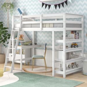 harper & bright designs twin size loft bed with desk underneath twin loft bed with shelves and ladder, wood loft bed twin for kids girls boys,white