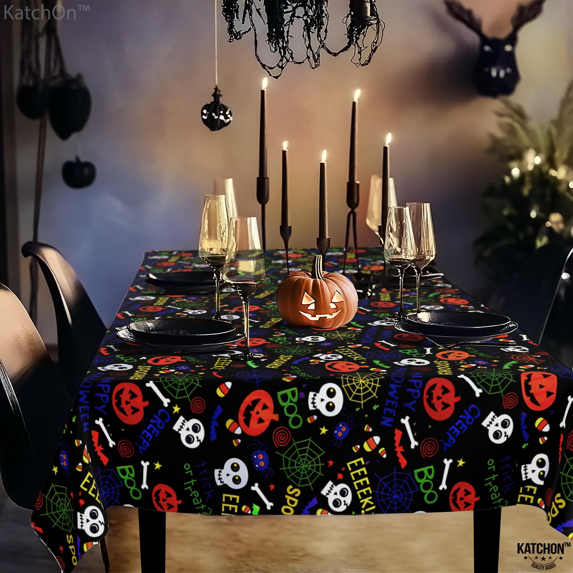 KatchOn, Halloween Tablecloth Plastic - Large 54x108 Inch, Pack of 3 | Spooky Halloween Table Cover for Halloween Table Decorations | Black Halloween Table Cloth Disposable for Halloween Decorations