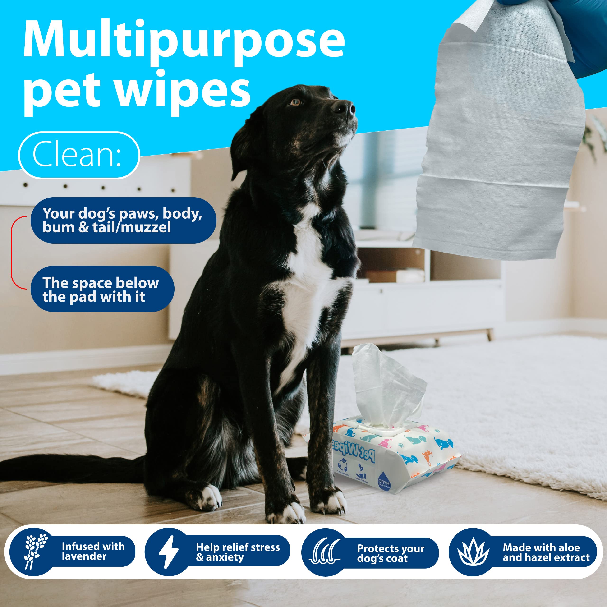 Pets Depot 100 Gentle Puppy Wipes for Butt and Paws - Hypoallergenic, Easy to Use for Dog and Cat Cleaning and Deodorizing - Wet Grooming Wipes to Sanitize Your Pet's Toys