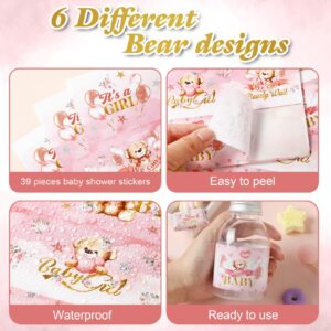 Clabby 39 Pieces Baby Shower Water Bottle Labels Shower Water Bottle Stickers Wrappers Waterproof Baby Shower Labels for Baby Shower Party Decoration (Pink)