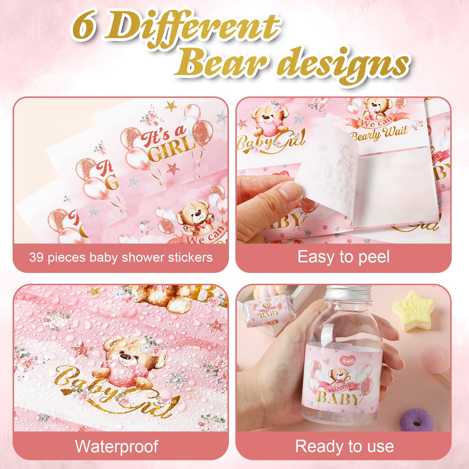 Clabby 39 Pieces Baby Shower Water Bottle Labels Shower Water Bottle Stickers Wrappers Waterproof Baby Shower Labels for Baby Shower Party Decoration (Pink)