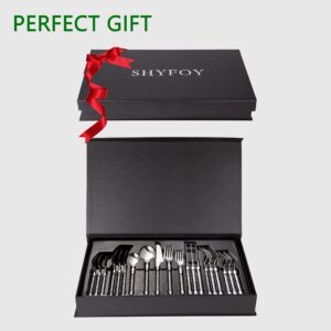 SHYFOY Bling Silverware Set, 20 Piece Flatware Cutlery Set, Modern Crystal Glass Handle, 18/8 Stainless Steel Silverware Mirror Polished Dishwasher Safe, Box Set, for Home Restaurant, Wedding, Party