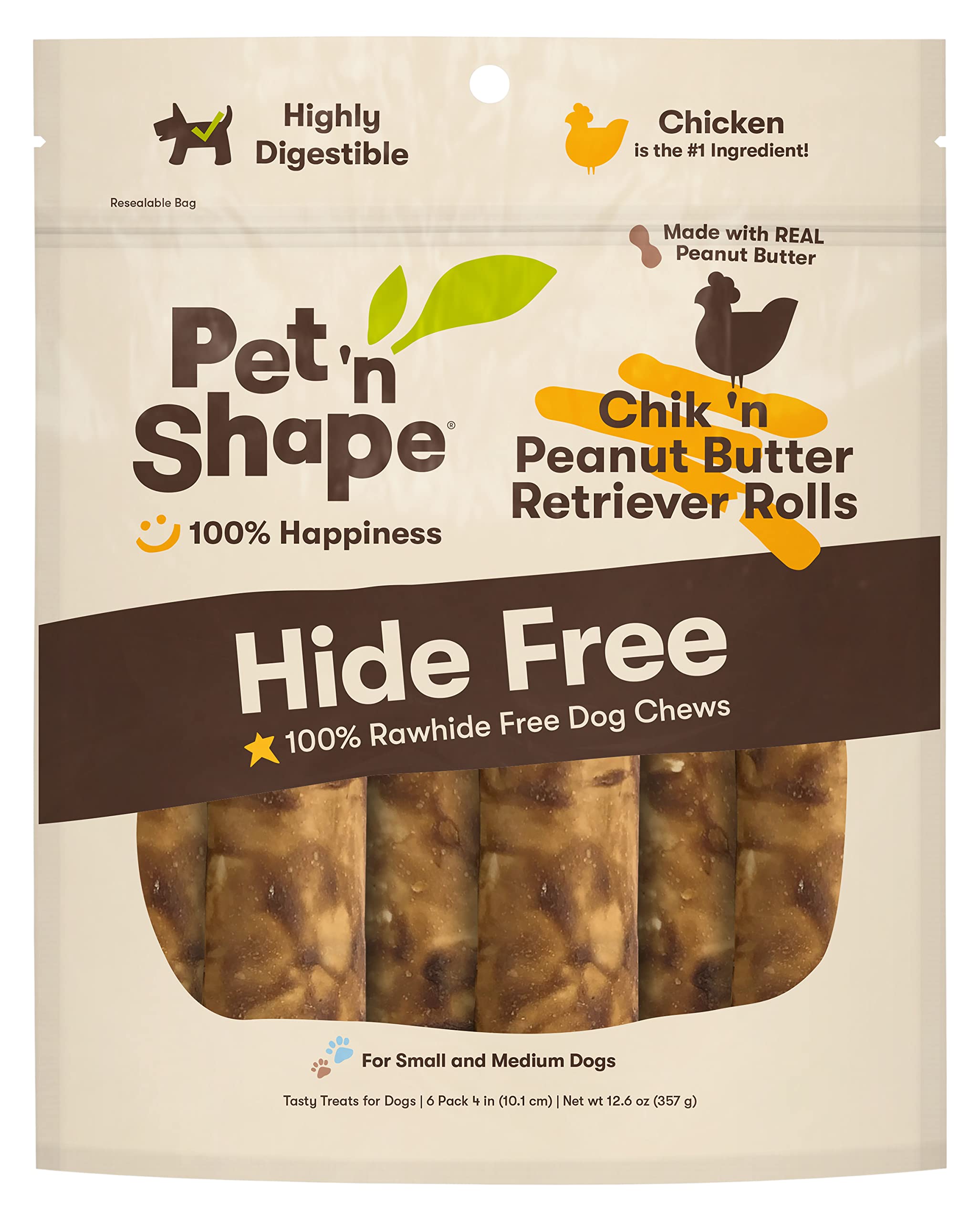 Pet 'n Shape Hide Free Chik 'n & Peanut Butter 4" Retriever Rolls, 6 Count 12.6 oz - Rawhide Free Dog Treats - No Hide Alternative Chew Treat for All Life Stages