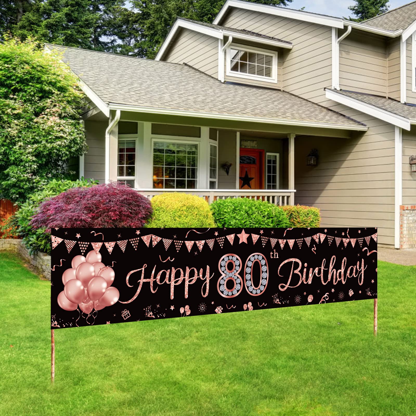 Happy 80th Birthday Banner Decorations for Women, Rose Gold 80 Birthday Sign Party Supplies, 80 year old Theme Bday Photo Poster Decor for Outdoor Indoor