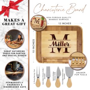 The Wedding Party Store Personalized Premium Charcuterie Cheese Board Tray Set with Spreader Utensil Tools with Any Name (Bamboo - Name Initial Style)