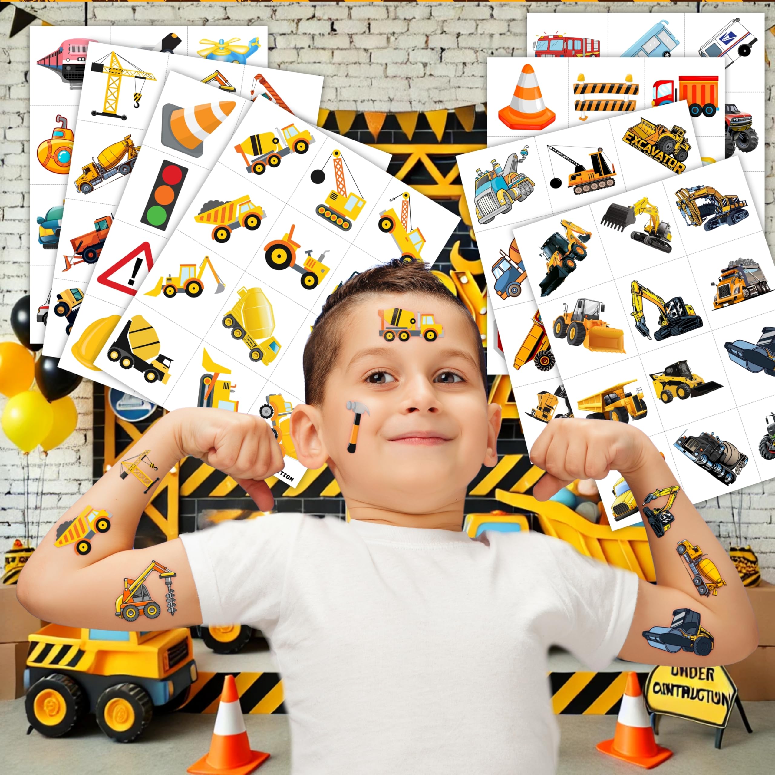 Construction Temporary Tattoos Birthday Party Supplies Decorations 96PCS Tattoos Stickers Vehical Excavator Bulldozer Cute Party Favors Kids Girls Boys Gifts Classroom School Prizes Themed