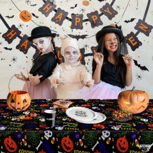 KatchOn, Halloween Tablecloth Plastic - Large 54x108 Inch, Pack of 3 | Spooky Halloween Table Cover for Halloween Table Decorations | Black Halloween Table Cloth Disposable for Halloween Decorations