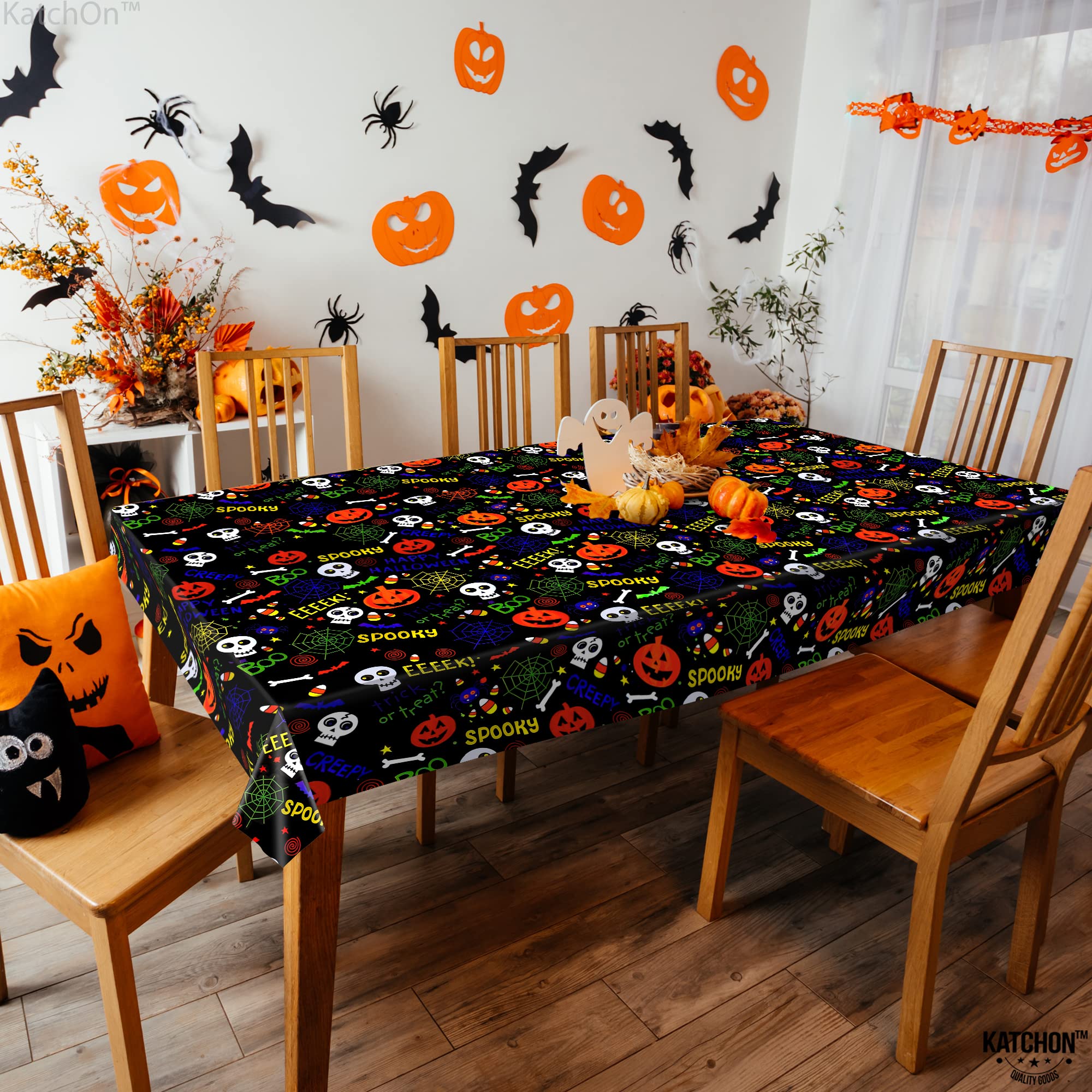 KatchOn, Halloween Tablecloth Plastic - Large 54x108 Inch, Pack of 3 | Spooky Halloween Table Cover for Halloween Table Decorations | Black Halloween Table Cloth Disposable for Halloween Decorations