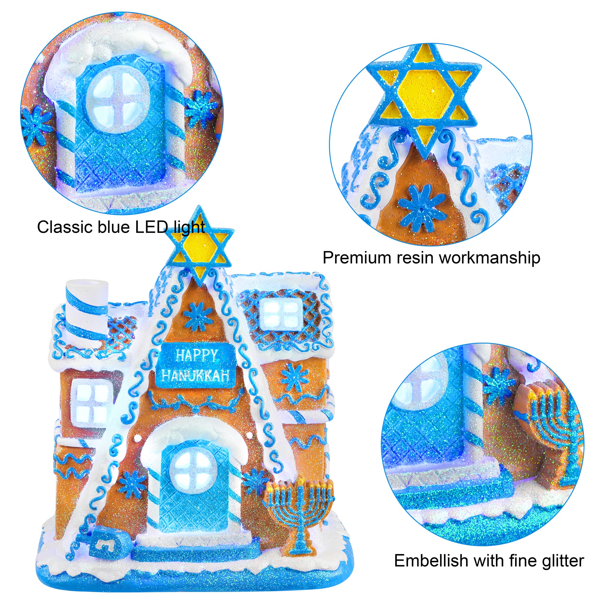 Fovths Hanukkah House Resin Tabletop Decor White and Blue Hanukkah LED Tabletop Decor Hanukkah House Centerpieces for Hanukkah Party Supplies Home Decor