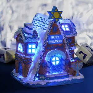 Fovths Hanukkah House Resin Tabletop Decor White and Blue Hanukkah LED Tabletop Decor Hanukkah House Centerpieces for Hanukkah Party Supplies Home Decor