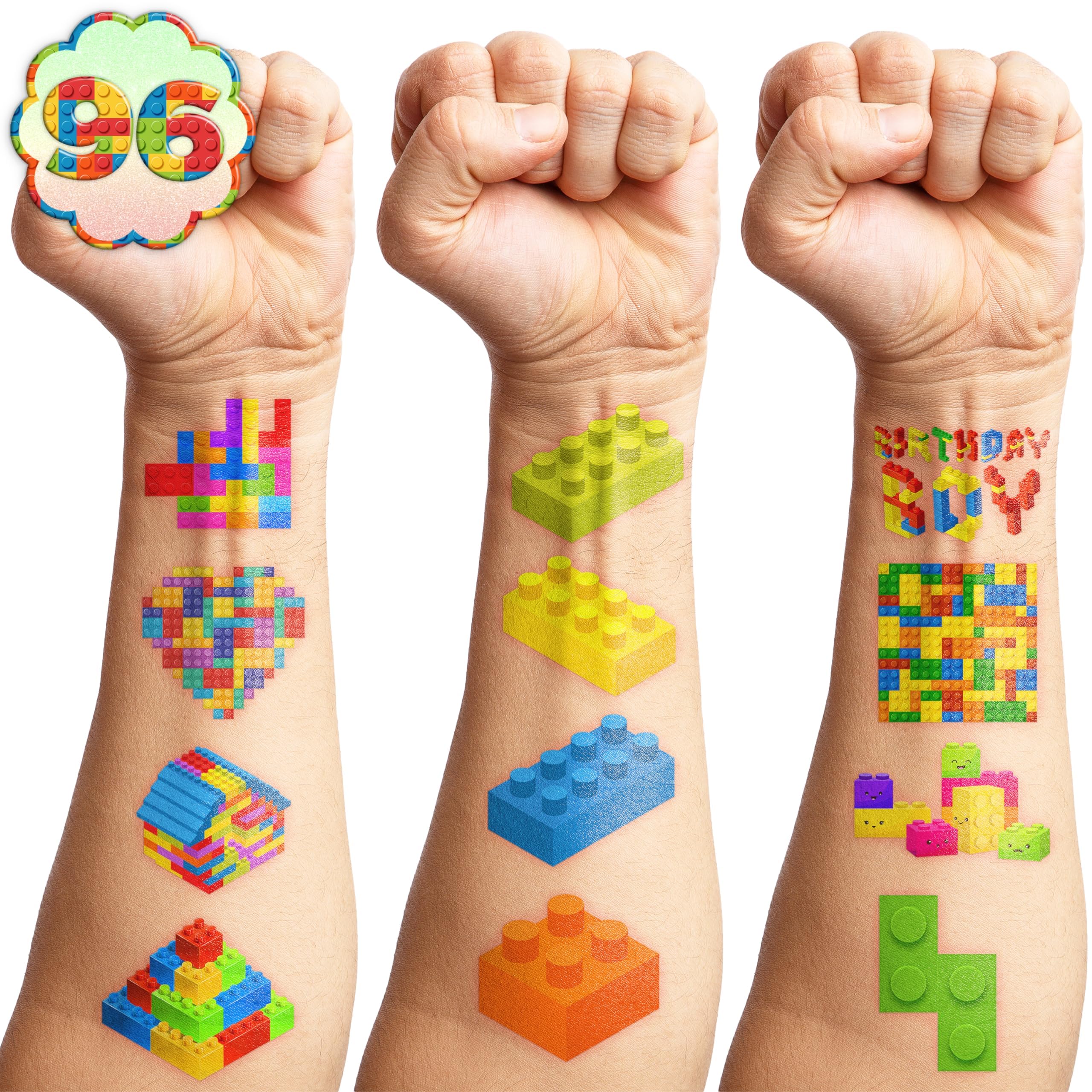 96PCS Building Block Temporary Tattoos Birthday Party Supplies Decorations Tattoos Stickers Cute Party Favors Kids Girls Boys Gifts Classroom School Prizes Themed