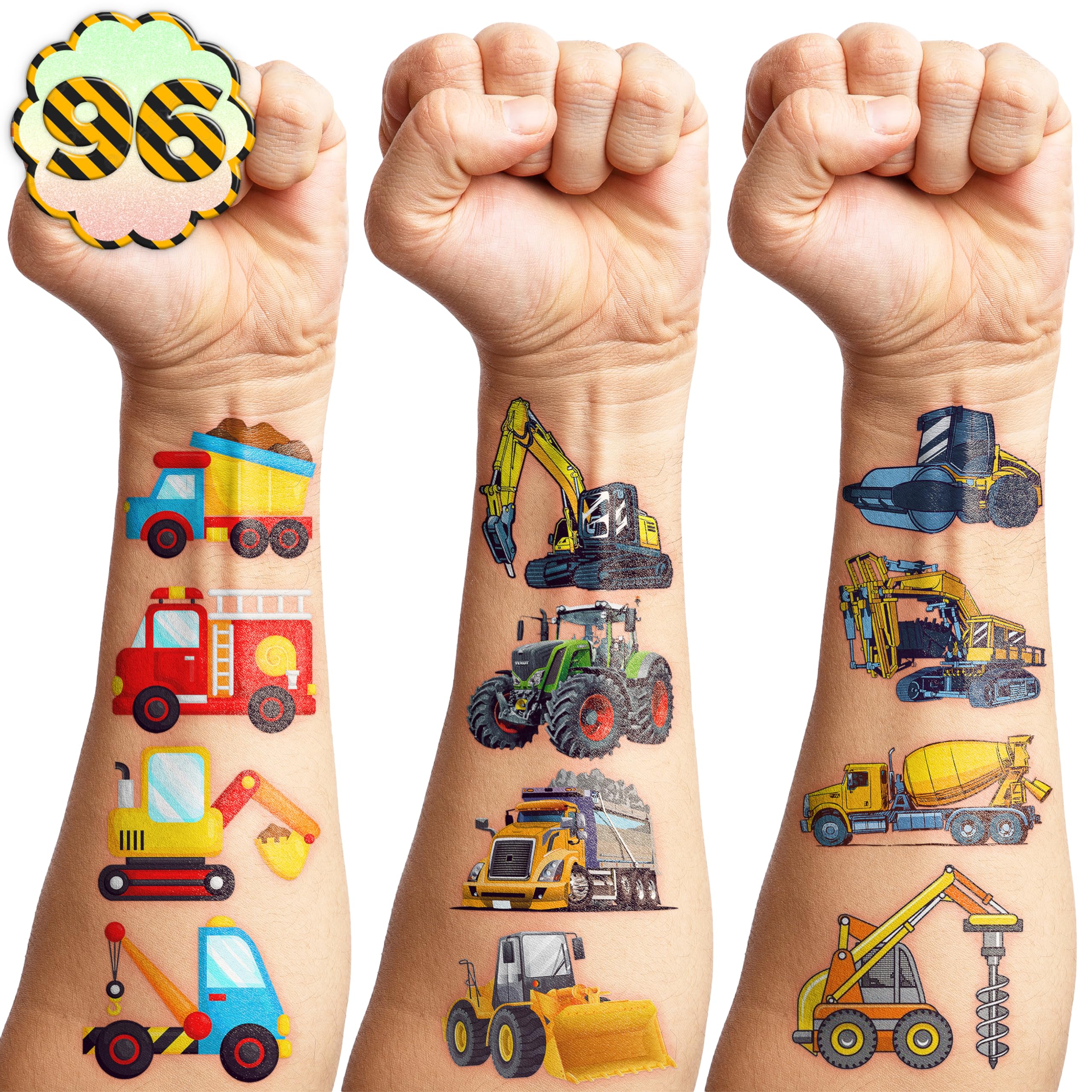 Construction Temporary Tattoos Birthday Party Supplies Decorations 96PCS Tattoos Stickers Vehical Excavator Bulldozer Cute Party Favors Kids Girls Boys Gifts Classroom School Prizes Themed