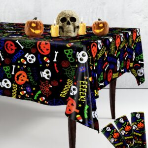 katchon, halloween tablecloth plastic - large 54x108 inch, pack of 3 | spooky halloween table cover for halloween table decorations | black halloween table cloth disposable for halloween decorations