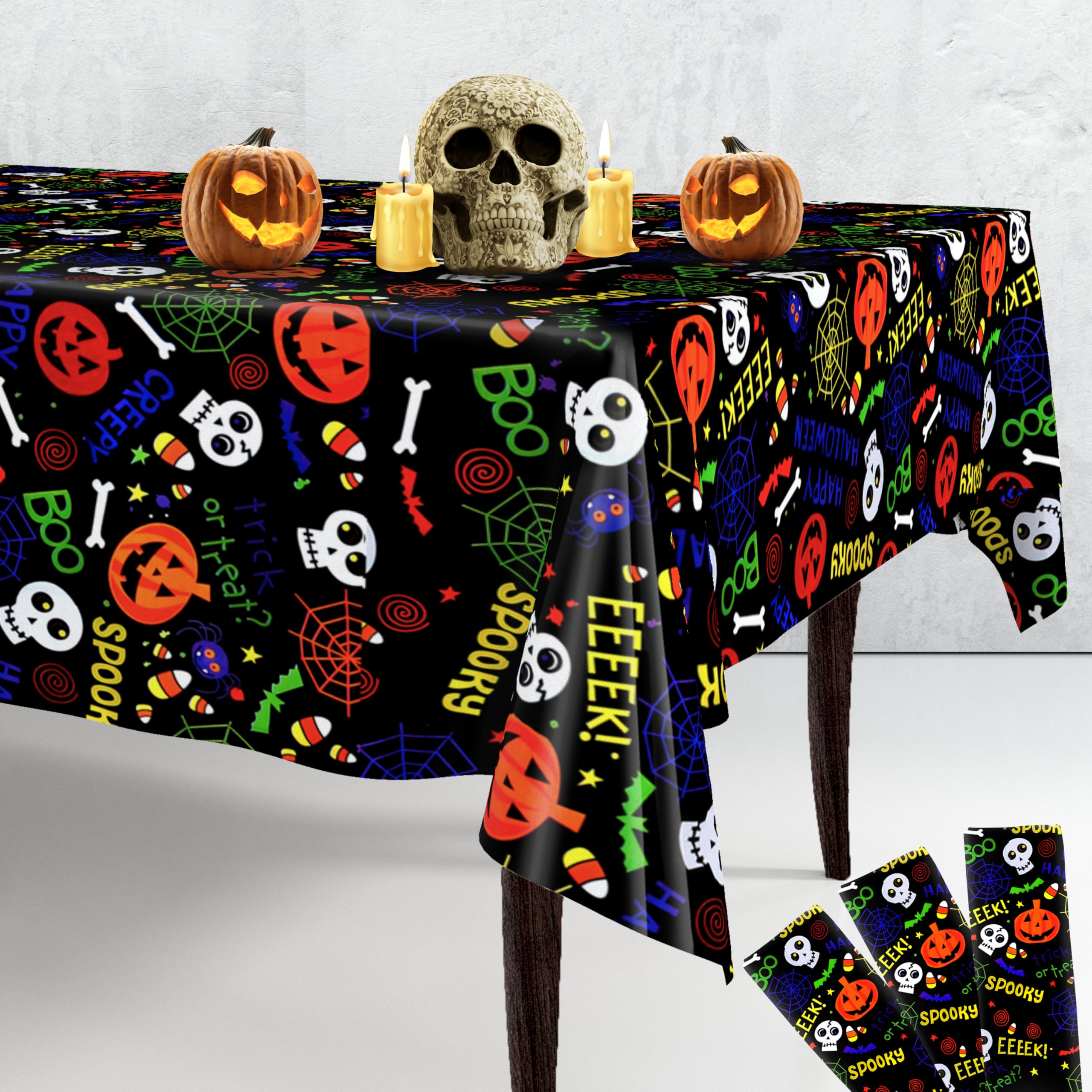 KatchOn, Halloween Tablecloth Plastic - Large 54x108 Inch, Pack of 3 | Spooky Halloween Table Cover for Halloween Table Decorations | Black Halloween Table Cloth Disposable for Halloween Decorations