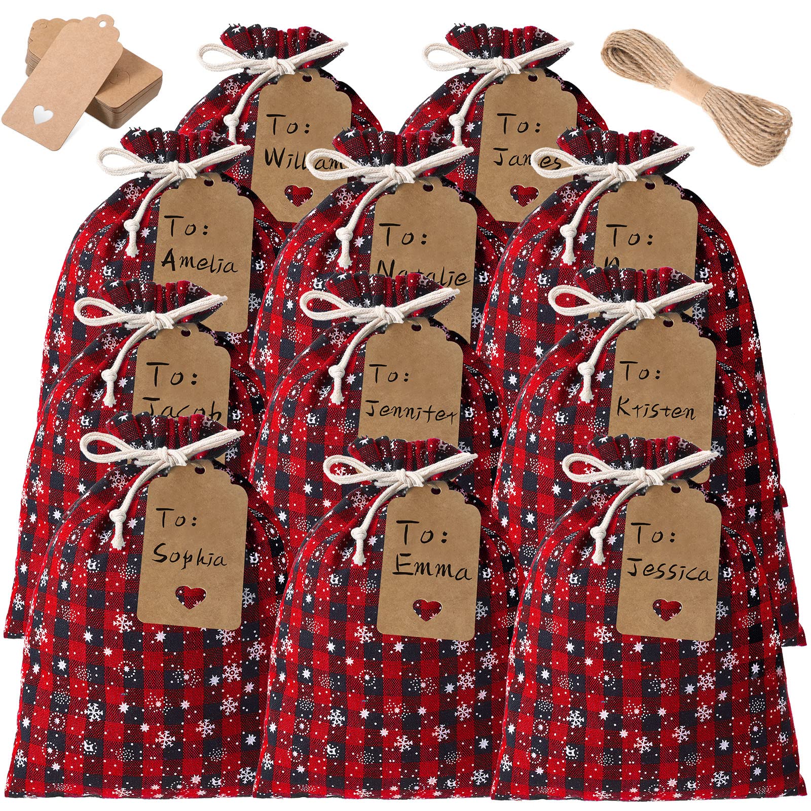 Shappy 24 Pcs Christmas Drawstring Bags Xmas Buffalo Plaid Burlap Candy Bags Linen Treat Bags with 3.28 ft Rope 24 Card (Black Red Snowflake,10 x 8 Inches)