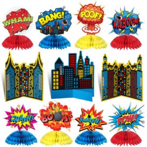 funrous 11 pieces hero party decoration hero honeycomb centerpieces 3d hero table topper paper large word centerpieces fun hero action sign standing cards for birthday party baby shower decor supplies