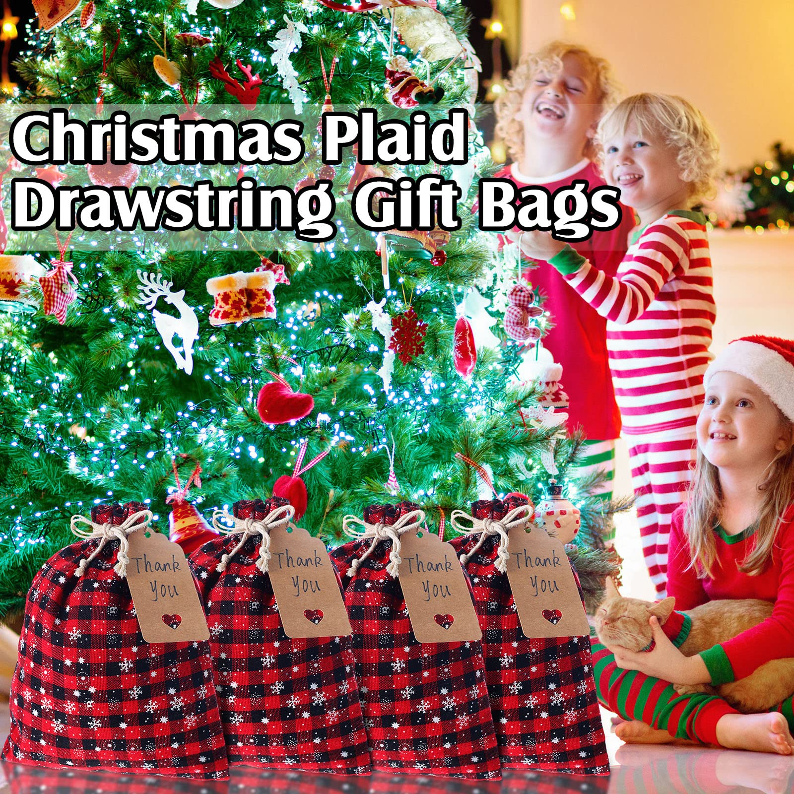 Shappy 24 Pcs Christmas Drawstring Bags Xmas Buffalo Plaid Burlap Candy Bags Linen Treat Bags with 3.28 ft Rope 24 Card (Black Red Snowflake,10 x 8 Inches)