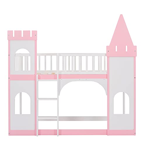 Merax Twin Size Loft Bed Low Bunk Bed, Castle Shaped Wood Bed Frames with Safety Guardrails for Boys or Girls, Pink