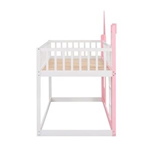 Merax Twin Size Loft Bed Low Bunk Bed, Castle Shaped Wood Bed Frames with Safety Guardrails for Boys or Girls, Pink