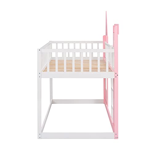 Merax Twin Size Loft Bed Low Bunk Bed, Castle Shaped Wood Bed Frames with Safety Guardrails for Boys or Girls, Pink