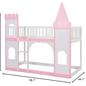 Merax Twin Size Loft Bed Low Bunk Bed, Castle Shaped Wood Bed Frames with Safety Guardrails for Boys or Girls, Pink