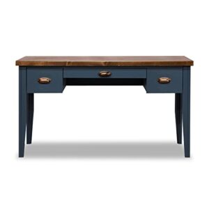 bridgevine home desk, nantucket modern farmhouse 3-drawer writing desk, small desk 53 inches, fully assembled wooden desk with drawers, poplar solid wood desk, blue denim and whiskey finish