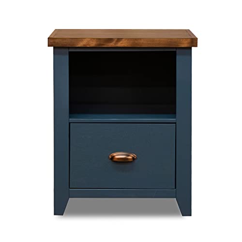 Bridgevine Home Nantucket Modern Farmhouse 1-Drawer File Cabinet, 22 Inches, Fully Assembled, Poplar Solid Wood, Blue Denim and Whiskey Finish