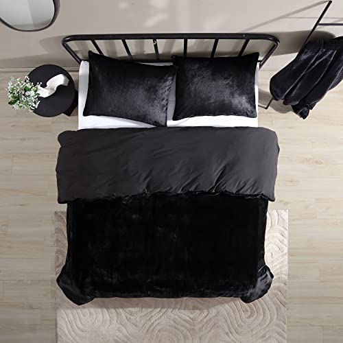 City Scene- Queen Duvet Cover Set, Faux Fur Bedding Set, Ultra Cozy Home Decor (Solid Black, Queen)