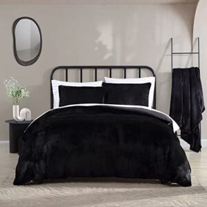 city scene- queen duvet cover set, faux fur bedding set, ultra cozy home decor (solid black, queen)