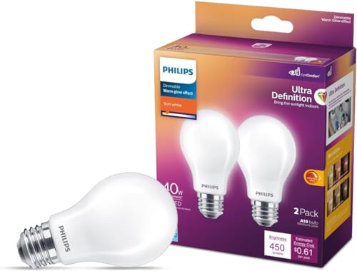 Philips LED A19 Ultra Definition Frosted Dusk to Dawn Light Bulbs - Flicker-Free 40w Light Bulbs with EyeComfort Technology - Soft White Lightbulb - 450 Lumen - E26 Base - 8 Pack