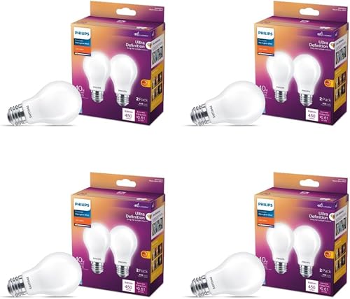 Philips LED A19 Ultra Definition Frosted Dusk to Dawn Light Bulbs - Flicker-Free 40w Light Bulbs with EyeComfort Technology - Soft White Lightbulb - 450 Lumen - E26 Base - 8 Pack