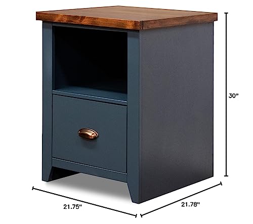 Bridgevine Home Nantucket Modern Farmhouse 1-Drawer File Cabinet, 22 Inches, Fully Assembled, Poplar Solid Wood, Blue Denim and Whiskey Finish