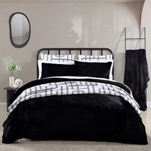 City Scene- Queen Duvet Cover Set, Faux Fur Bedding Set, Ultra Cozy Home Decor (Solid Black, Queen)