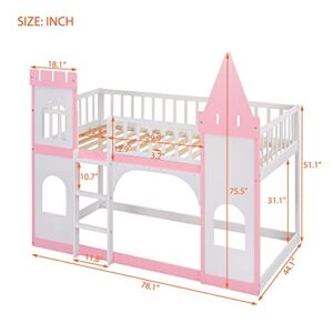 Merax Twin Size Loft Bed Low Bunk Bed, Castle Shaped Wood Bed Frames with Safety Guardrails for Boys or Girls, Pink