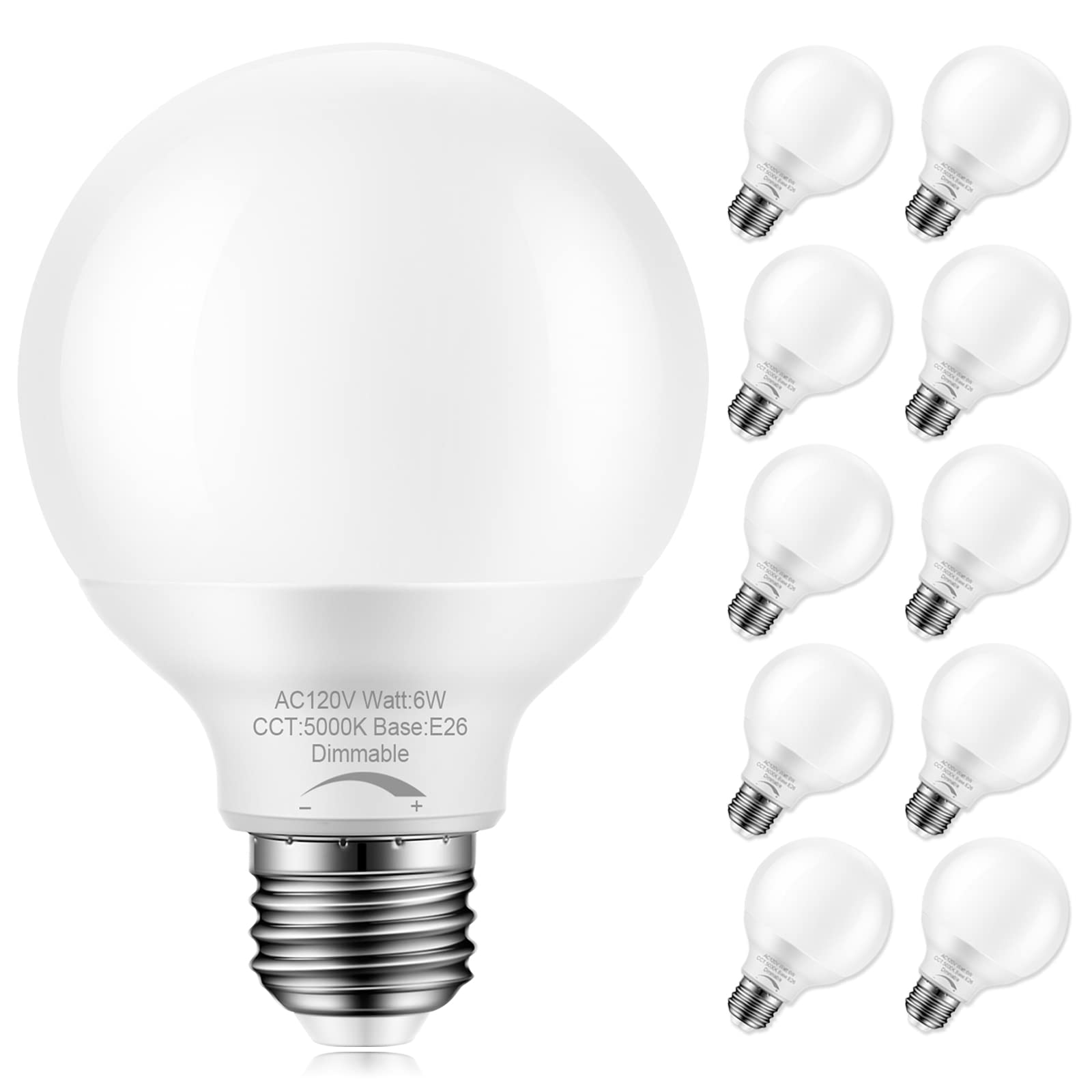 Marxlait 10 Pack Dimmable G25 Globe Light Bulbs LED, 6W=40W Replacement, Daylight White 5000K, E26 Medium Base, Ideal for Bathroom Vanity, Makeup Mirror or Sputnik Light, 120V, Round Light Bulbs