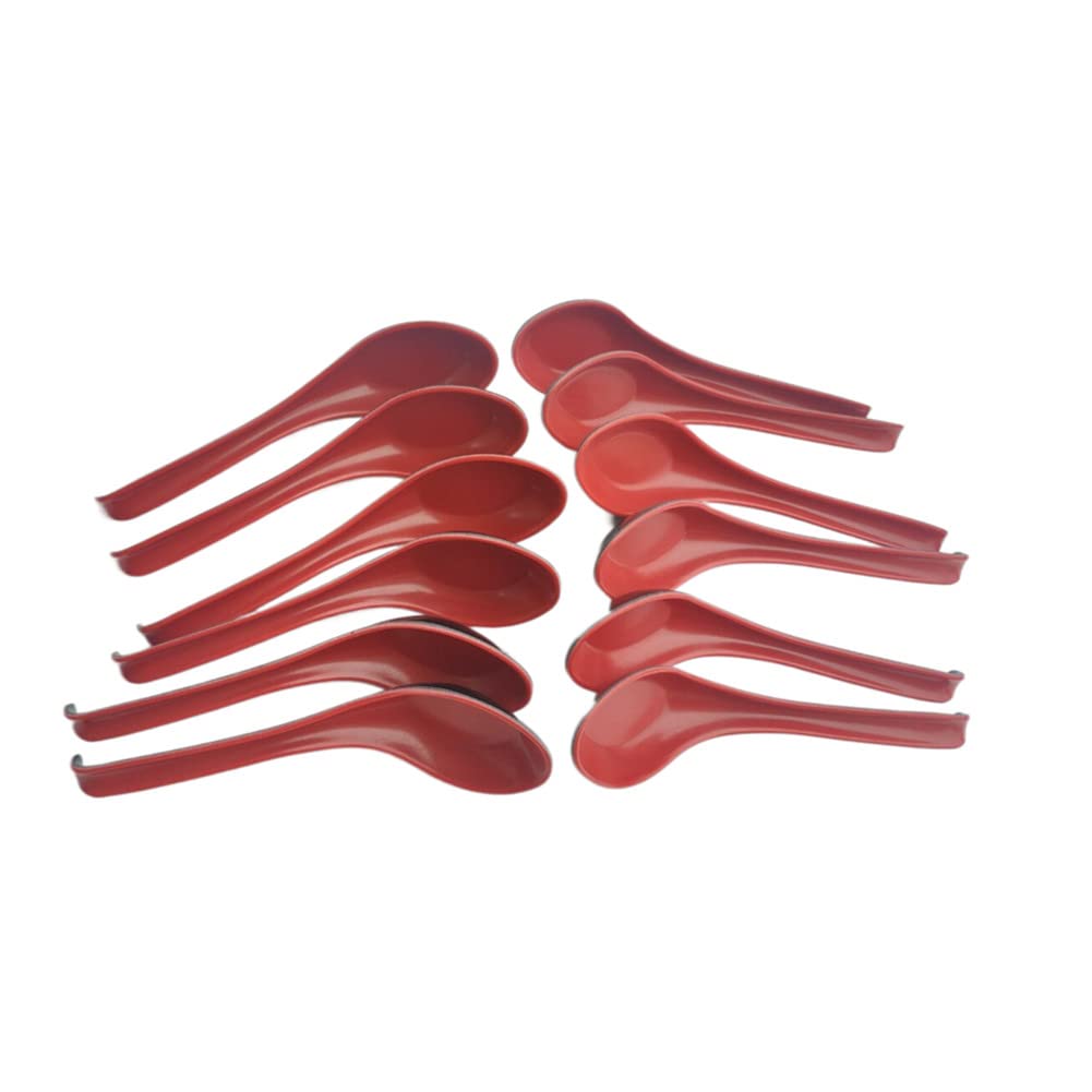 Plastic Large Soup Spoons with Long Handle, Red and Black Wonton Rice Spoons for Noodles Chinese Won Ton (12 Pack)