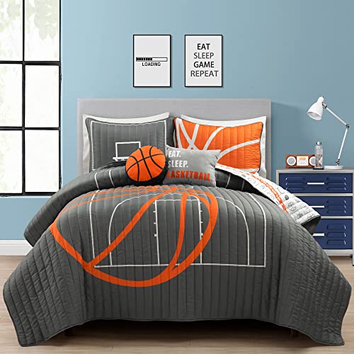 Lush Decor Basketball Game Reversible Oversized 5 Piece Quilt Set - Cozy & Soft Kids Sports Themed Bedding Set - Full/ Queen, Charcoal