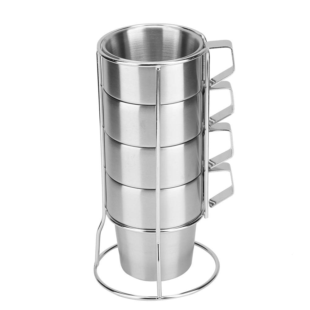 Tomotato Stackable Stainless Steel Coffee Cups, 4 Pcs Stainless Steel Mugs Double Wall Insulated Coffee Mugs Stackable Coffee Mug with Handle and Mug Rack for Home Coffee Shop